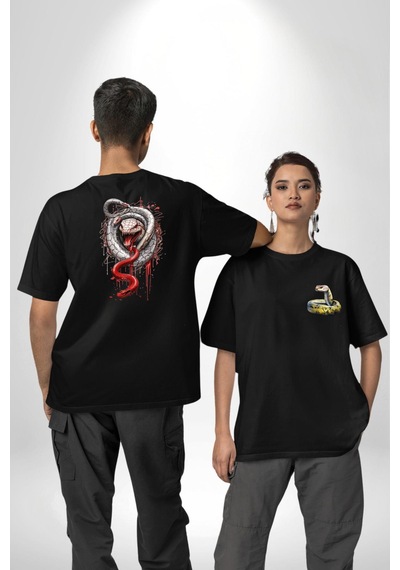 Beyaz Ve Kırmızı Yılan Siyah Oversize Unisex Ön Ve Sırt Baskılı Tişört Siyah