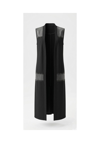 Onno Style Woman Likralı Viskon Penye Derili Taşlı Uzun Kadın Yelek Siyah