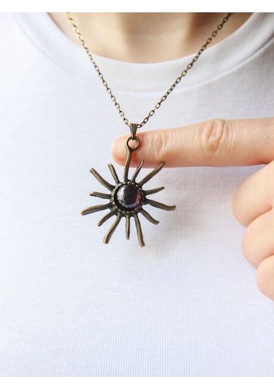 Esha Store Doğal Taş Ametist Doğal Taşlı Güneş Desen Kadın Doğal Taş Otantik Kolye Euk7amt Mor
