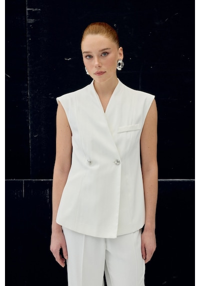 Sateen Anna Çizgili Yelek - Ekru-137103 Ekru