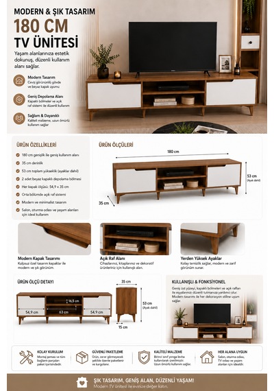 Loviano 180 Cm Tv Ünitesi 2 Kapaklı Atlantik Çam - Beyaz Beyaz - Çam
