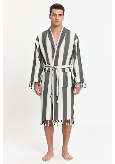 Erkek Striped Peştemal Bornoz %100 Pamuk Plaj Bornoz Siyah