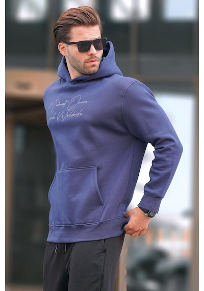 Madmext Lacivert Kapüşonlu Cep Detaylı Baskılı Erkek Sweatshirt 7064-lacivert Lacivert