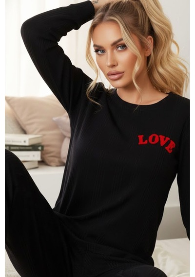 Siyah İnci Love Nakışlı Fitilli Örme Pijama Takım25226001 Siyah