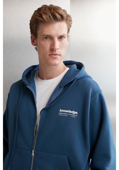 Grimelange Aksel Erkek Yumuşacık Organik Pamuk Oversize Fermuarlı Baskılı Kapüşonlu Mavi Sweatshirt Mavi