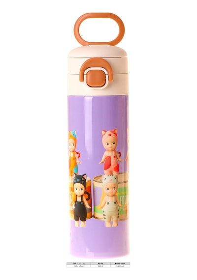 Kaukko Kids 520 Ml Cat Life Baskılı Mor - Krem Kız Çocuk Çelik Termos Matara Çift İçim Kilitli Kapak - L5316