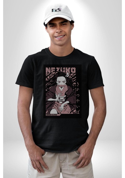 Nezuko Demon Slayer Unisex Unisex Siyah Organik Baskılı T-shirt Penye Yüksek Kalite Siyah