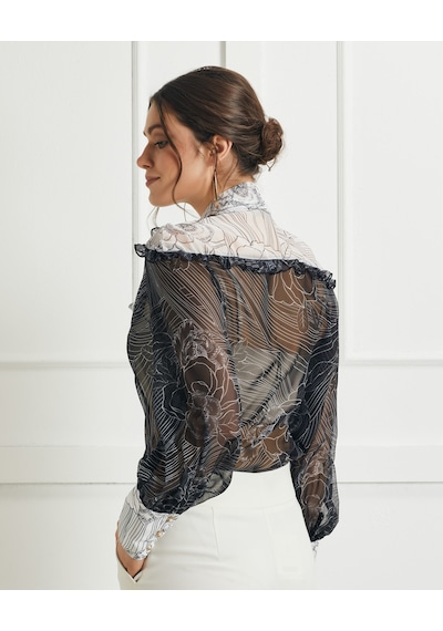Serpil Exclusive Fular Yaka Detaylı Transparan Desenli Gömlek Feminen Ve Şık Tasarım Siyah