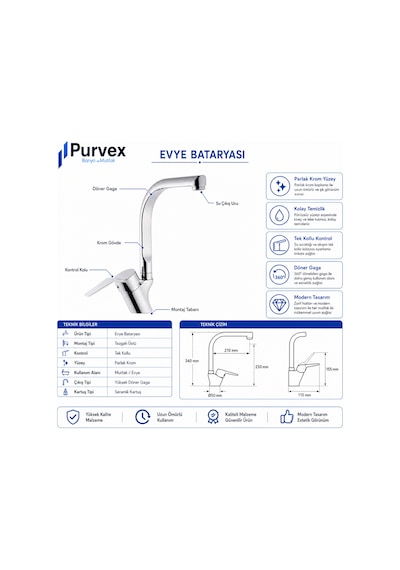 Purvex Home Spektra Eviye Bataryası Mutfak Evye Musluğu L Tipi Döner Borulu Tezgah Üstü Aç Kapa Krom Pirinç Musluk Bataryası Lüks Modern Tasarım