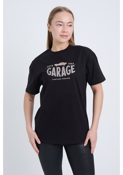 Kadın Oversize Baskılı T-shirt Siyah Garage SIYAH