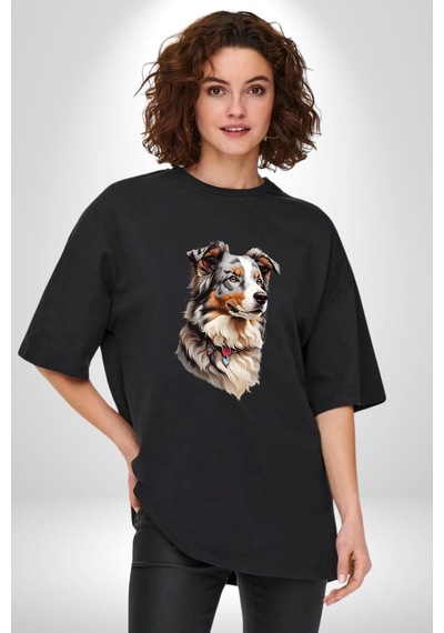 Australian Shepherd Köpek Pamuklu Bisiklet Yaka Unisex Oversize Boyfriend Dijital Baskılı Siyah T-shirt Siyah