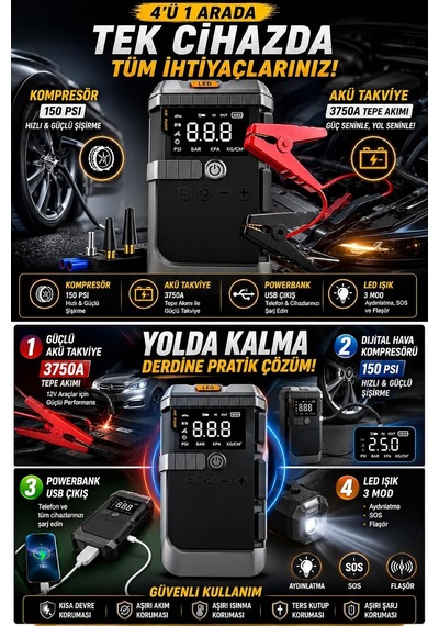 19800 Mah Akü Takviye Ve Dijital Hava Kompresörü 4'ü 1 Arada Araç Acil Yardım Cihazı
