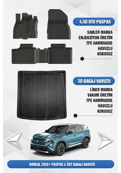 Sahler Renault Boreal 2026 Sonrası Uyumlu 4.5d Premium Havuzlu Paspas Ve Liner Üst Bagaj - 1.3 Tce