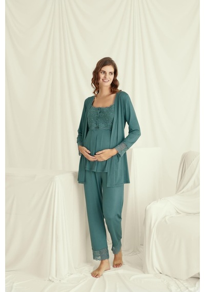 Monamise Kadın Dantelli Önü Düğmeli Hamile Lohusa 3'lü Pijama Takımı 18535-yeşil