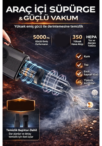 6in1 Akü Takviye Hava Kompresörü Süpürge 12000mah 1000a 150psı Powerbank Led