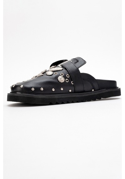 Luvishoes Luvi Shoes Maril Siyah Cilt Hakiki Deri Kemerli Tokalı Burnu Kapalı Kadın Terlik Siyah