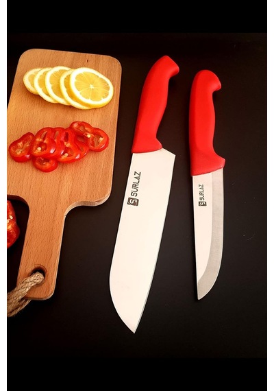 Sürlaz Red Santoku Şef Bıçak Seti Mutfak Bıçağı 2'li Çok Renkli