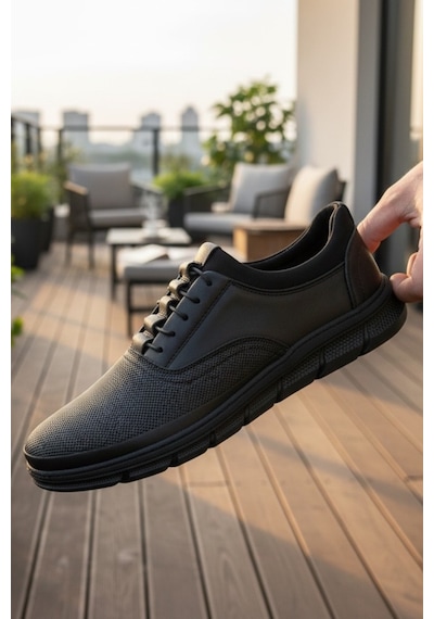 Enoch Hakiki Deri Siyah Lastikli Erkek Sneaker Ayakkabı Ortopedik Taban Siyah
