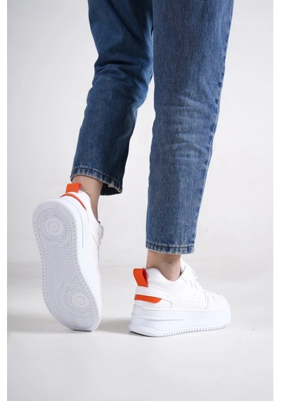 Mevese Avela Kalın Taban Bağcıklı Günlük Kadın Sneaker Beyaz Turuncu Detaylı