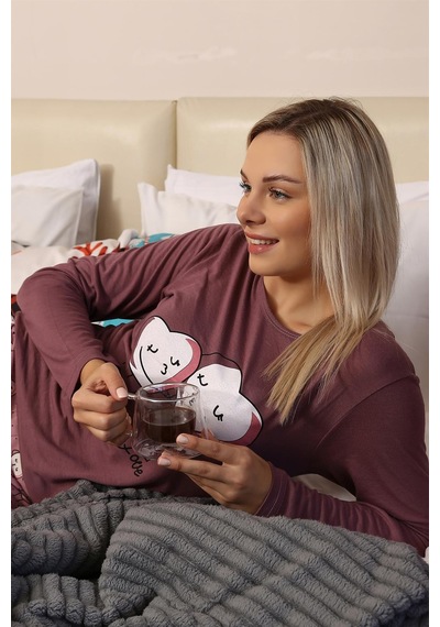 Akbeniz Kadın Penye Uzun Kol Pijama Takım 4187 - M Mürdüm