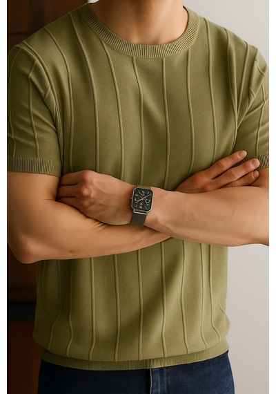 Cool Tarz Mat Haki Erkek Yuvarlak Yaka Örme T-shirt Mat Haki Mat Haki