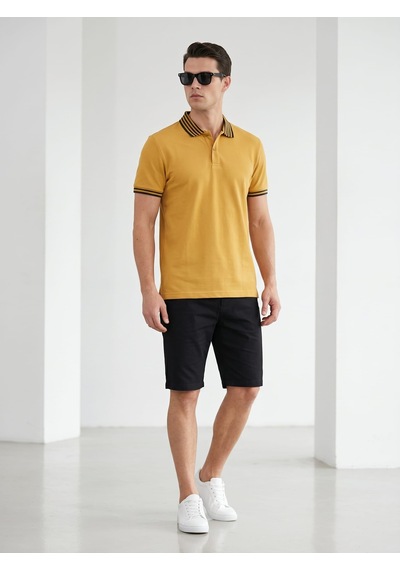 Giyim Dünyası Erkek Yaka Çizgili Polo Yaka Kısa Kol Tshirt Hardal
