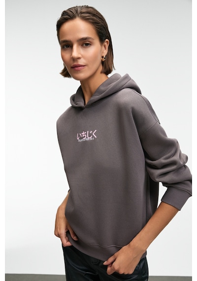 Grimelange YANMESA Kadın Oversize Baskı Ve Nakış Detaylı Uzun Kollu Kapüşonlu Antrasit Sweatshirt