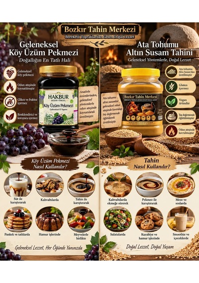 Bozkır Tahin Merkezi Yerli Ata Tohumu Altın Susam Tahini net 935 G + Köy Üzüm Pekmezi 950 G