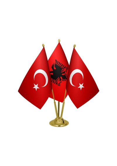 Masa Üstü Arnavutluk Bayrağı Türk Bayrağı Üçlü Pirinç Direk Masa