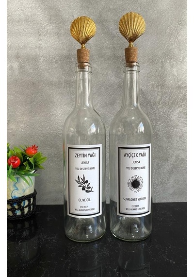 2 Adet Şeffaf 750 Ml Etiketli Şişe Altın İstiridye Tıpalı Yağdanl