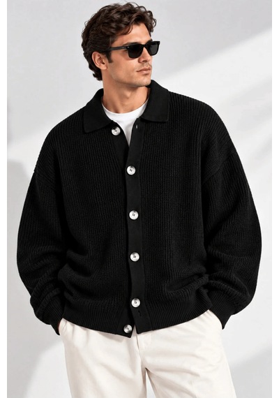 Genıus Store Erkek Hırka Oversize Kalıp Düğmeli Polo Yaka Triko Kazak Çekme/uzama Yapmaz Erkek-hırka Siyah