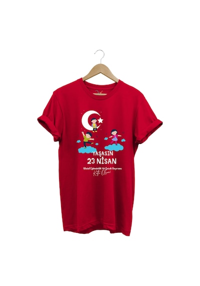 23 Nisan Çocuk Bayramı Baskılı %100 Pamuk Regular Fit Bisiklet Yaka Premium Kırmızı T-shirt Kırmızı