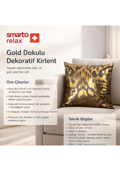 Smarto Relax Tekli Antibakteriyel Desenli Dekoratif Dolgulu Kırlent 45x45 Cm - Smr-kır-037 Siyah - Altın