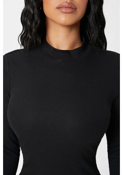 Najmaddin.com Beru Kadın Siyah Kaşkorse Balıkçı Yaka Uzun Kollu Bodycon Mini Elbise Premium Şık Stil