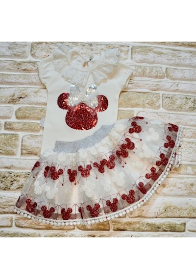 Alfa Expres 1-2-3 Yaş Payetli Mickey Nakışlı Kısa Kollu Brode Etekli 2li Kız Bebek Takımı Kırmızı Kırmızı