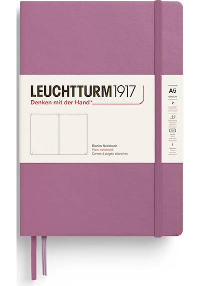 Leuchtturm1917 Not Defteri Orta Boy A5 , Sert Kapak, 251 Numaralandırılmış Sayfa, Düz, Tozlu Gül Mor