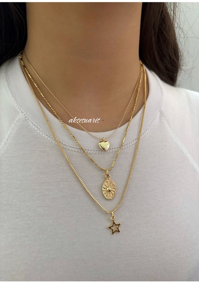 3'lü Desenli Zincirli Gold Kalp Yıldız Kadın Kolye Set Kombin Altın Altın
