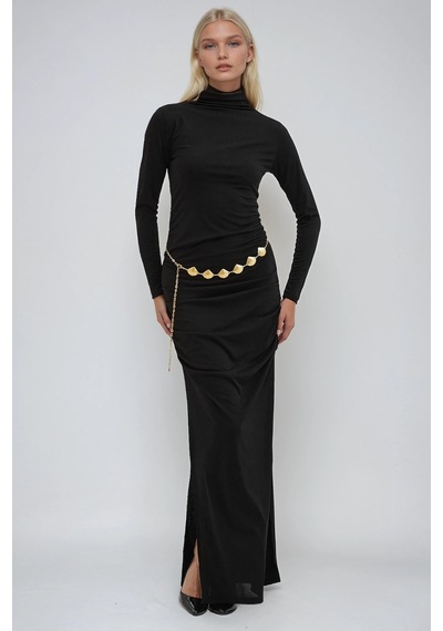 Lijuri Gold Kemerli Ve Drape Detaylı Uzun Elbise 2953 Siyah