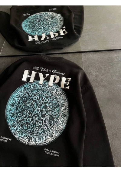 Mbb E-ticaret Kadın 3 İplik Pamuklu Bisiklet Yaka Baskılı Sweatshirt - Siyah