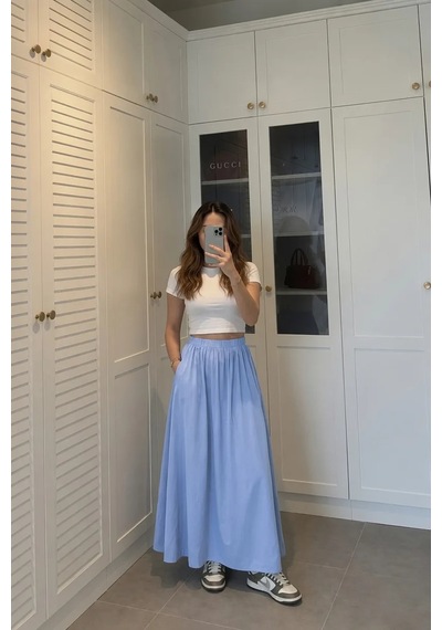 Kadın Mavi Poplin Kumaş Uzun Etek Beli Lastikli Günlük Maxi Etek 90 Cm Glmd-007-mv