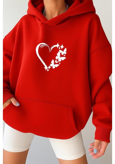 Benroma 3 İplik Penye Kalp Unisex Kapüşonlu Sweat Kırmızı