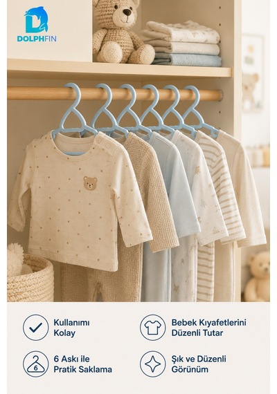 Bebe Askısı 6 Lı Plastik Bebek Çocuk Elbise Askısı Dolap İçi Kıyafet Düzenleyici Mavi