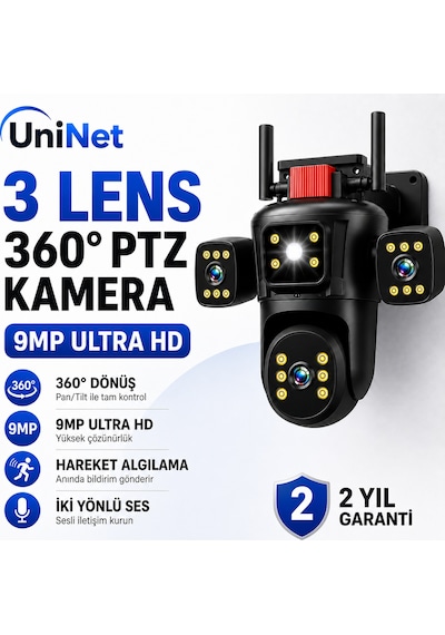 Uninet 9mp Wifi Ptz Kamera 3 Kameralı, 355 Derece Dönebilen Başlıklı, Renkli Gece Görüşü Ve Çift Yönlü Ses Özellikli