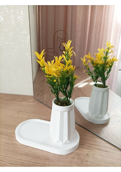 Mini Düz Desenli Beton Saksı Tekli Ve Oval Tabak - Yapay Çiçek Hediyeli - Sarı