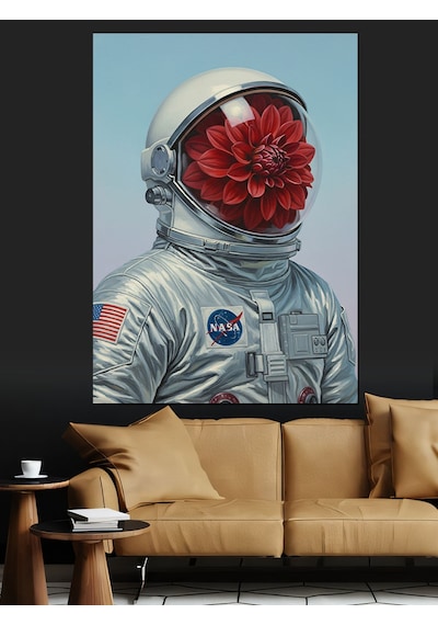 Karizma Tablo Astronot Başlı Çiçekli Adam Dekoratif Kanvas - Mdf Ahşap Tablo