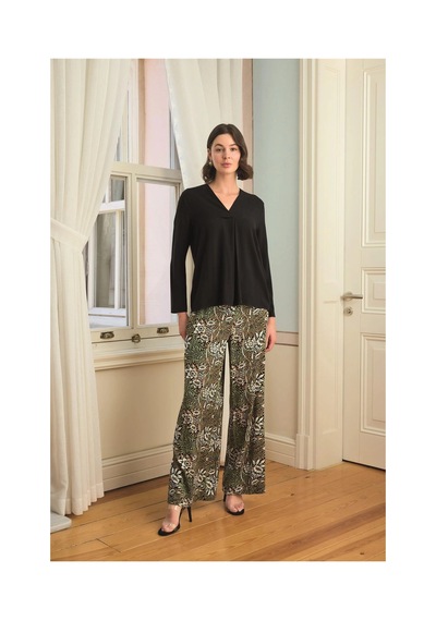L'ombre Çiçek Yaprak Ve Etnik Desenli Uzun Kollu Pijama Takımı Siyah