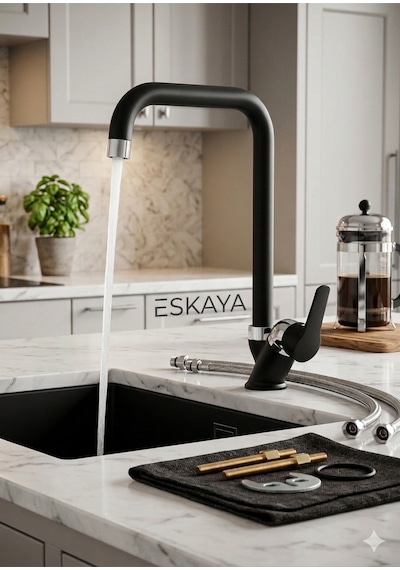 Eskaya Köşe Borulu Siyah Krom Mutfak Eviye Muslugu Çeşmesi Sıcak Soğuk Çift Su Girişli Diğer
