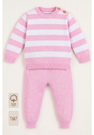 Minory Baby Çizgili 2 Li Triko Bebek Takımı Pembe Pembe