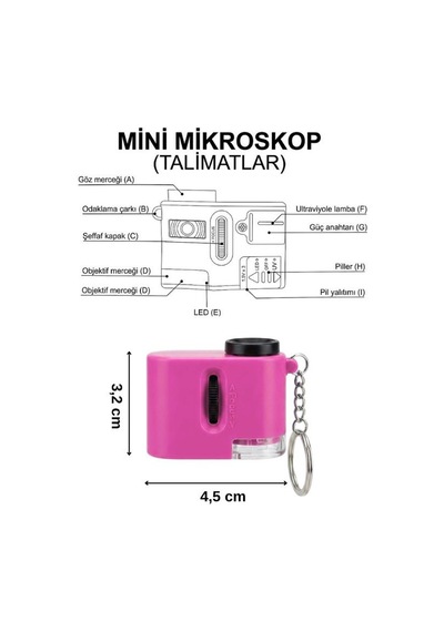 Temel Cep Mikroskobu 60x Led Ve Uv Işıklı Taşınabilir Pembe Mikroskop
