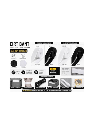 Paşateks 2.5 Cm Yapışkansız Cırt Bant Beyaz Siyah Velcro Bant 1 M & 3 M Dikilebilir Kan
